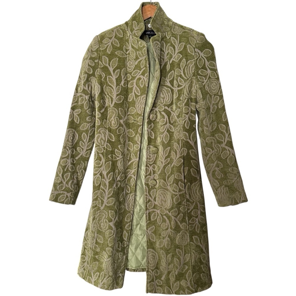 90s Wet Seal Brocade Floral Jacquard Trench Coat Size Small Phoebe Boho Retro